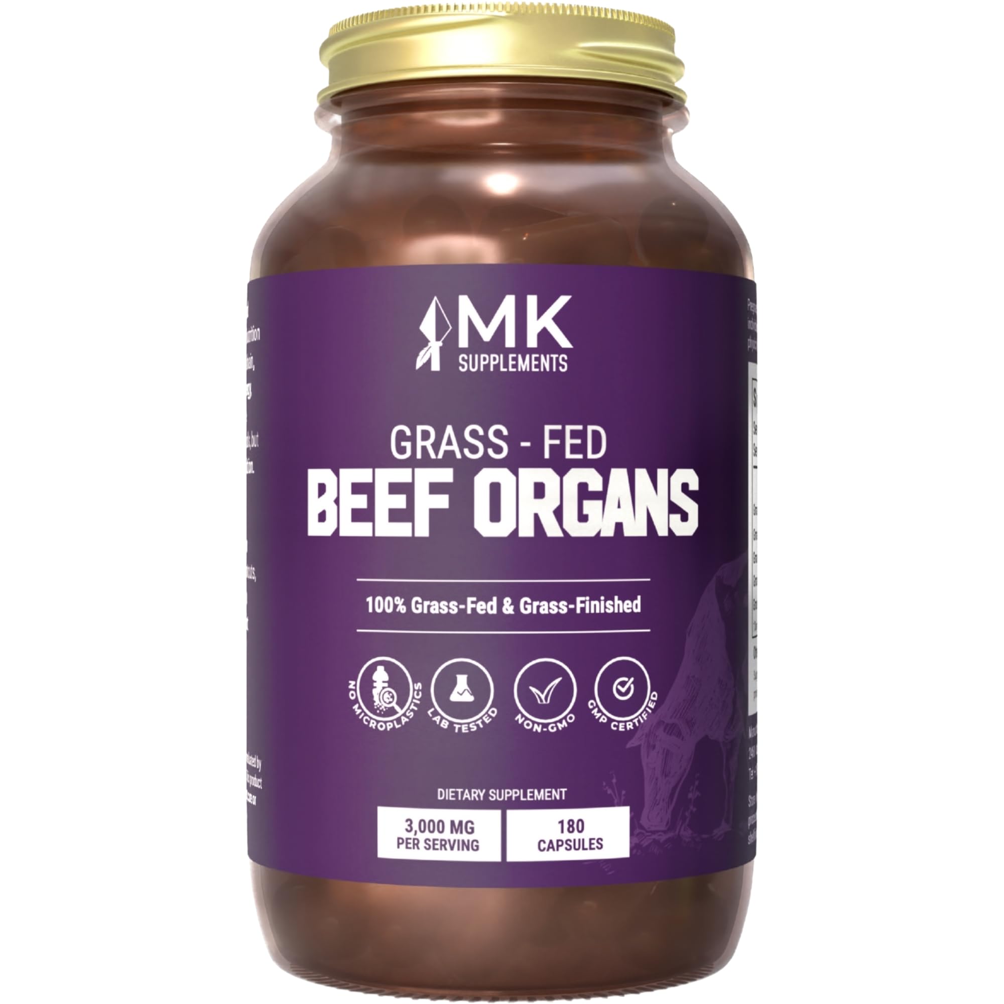 MK Supplements Grass-Fed Beef Organ bottle on a kitchen counter showing 45-day supply