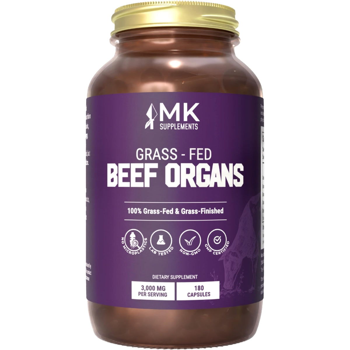 MK Supplements Grass-Fed Beef Organ bottle on a kitchen counter showing 45-day supply