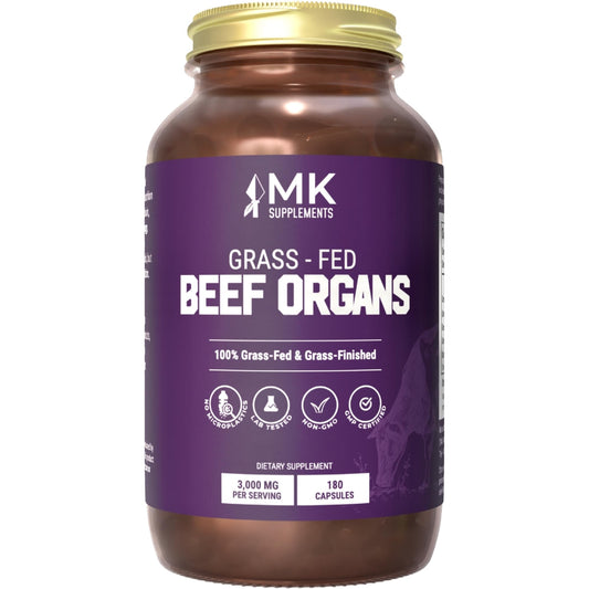 MK Supplements Grass-Fed Beef Organ bottle on a kitchen counter showing 45-day supply