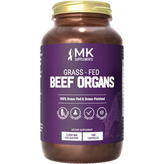 MK Supplements Grass-Fed Beef Organ bottle on a kitchen counter showing 45-day supply
