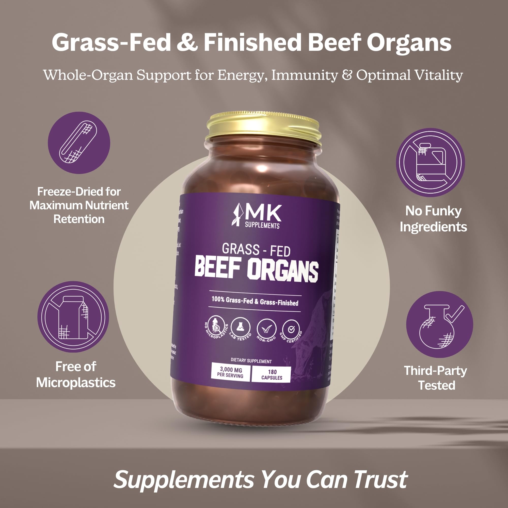 Close-up view of MK Supplements capsules highlighting desiccated organ blend