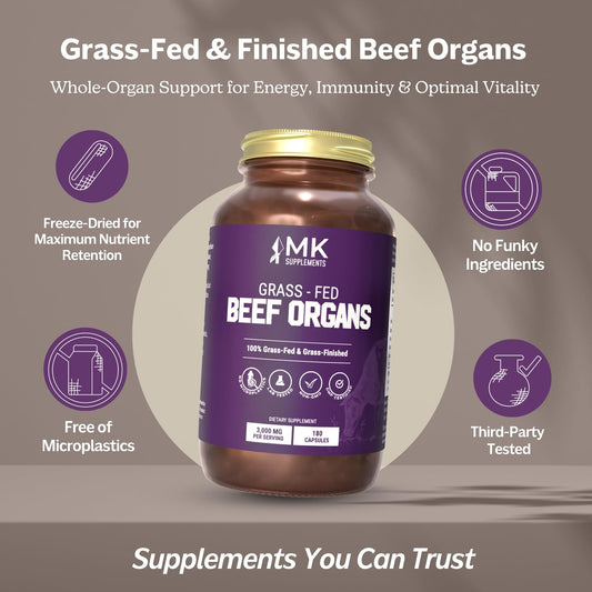 Close-up view of MK Supplements capsules highlighting desiccated organ blend