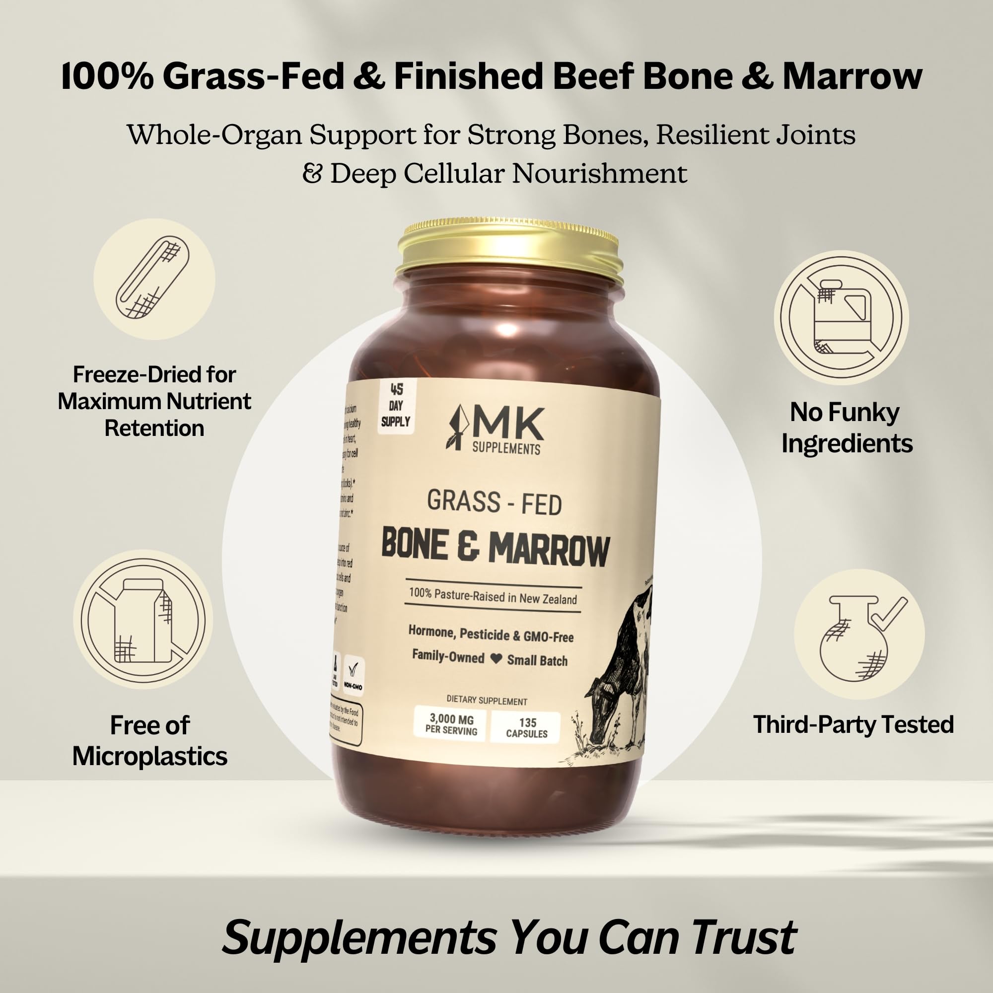 MK Supplements label emphasizes purity with no GMOs or antibiotics