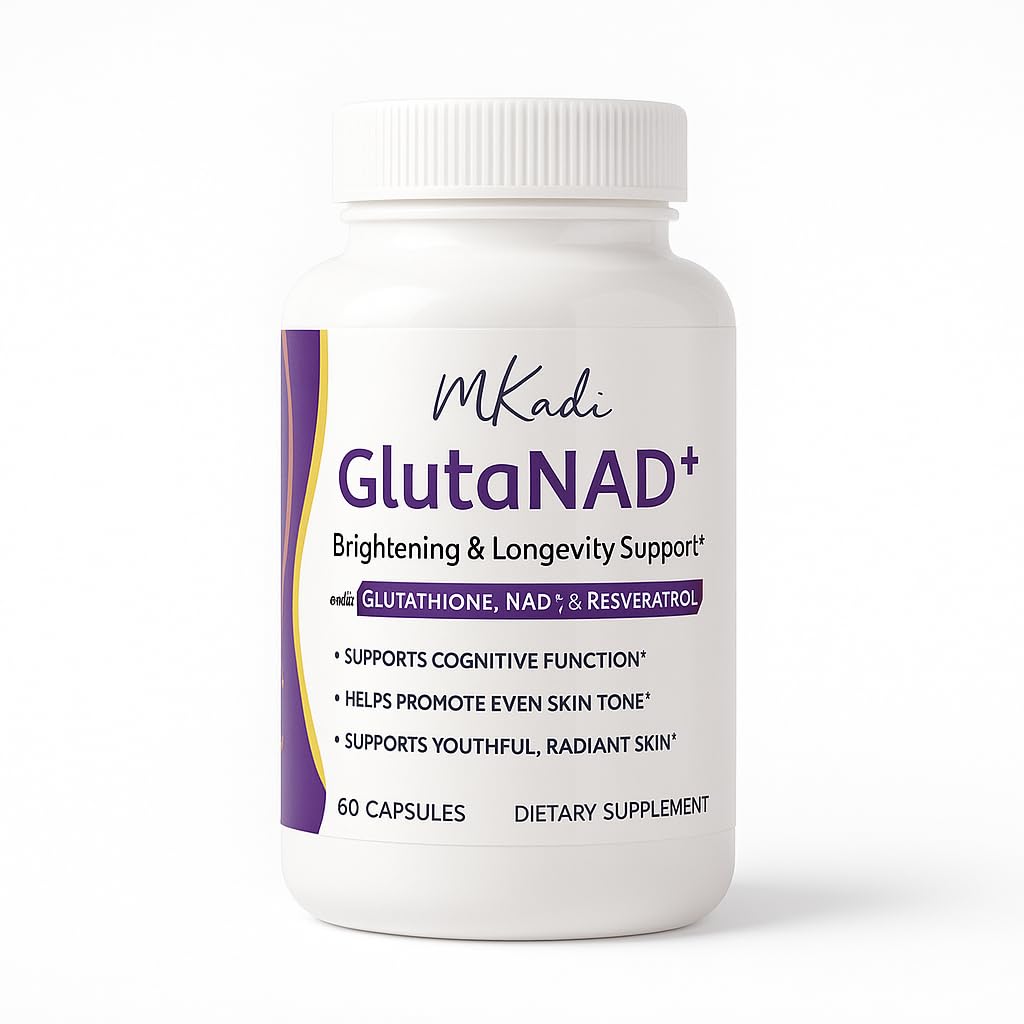 MKADI GlutaNAD+ brightening bottle supports radiant skin when used daily.