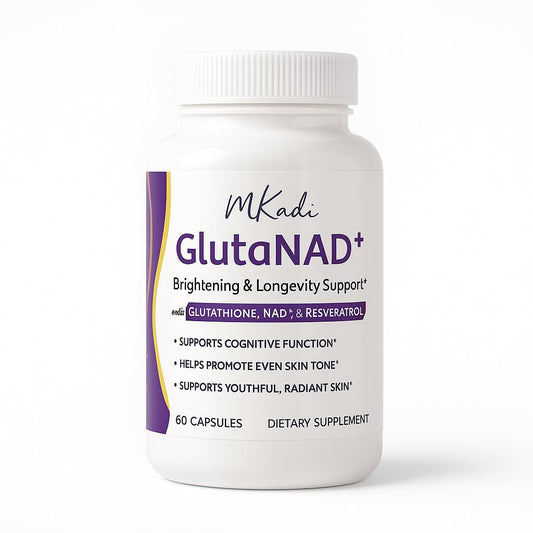 MKADI GlutaNAD+ brightening bottle supports radiant skin when used daily.