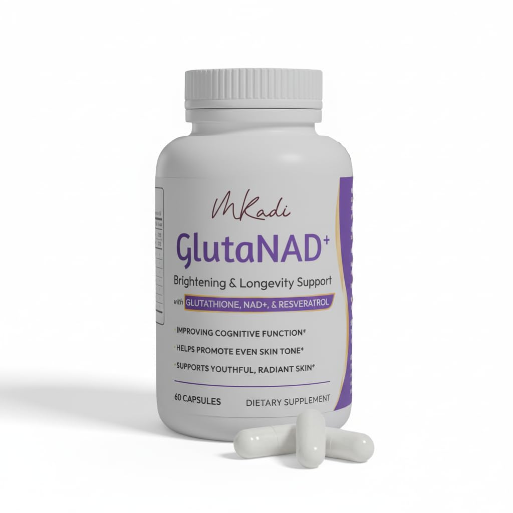 MKADI GlutaNAD+ glass bottle display signals premium daily energy support.