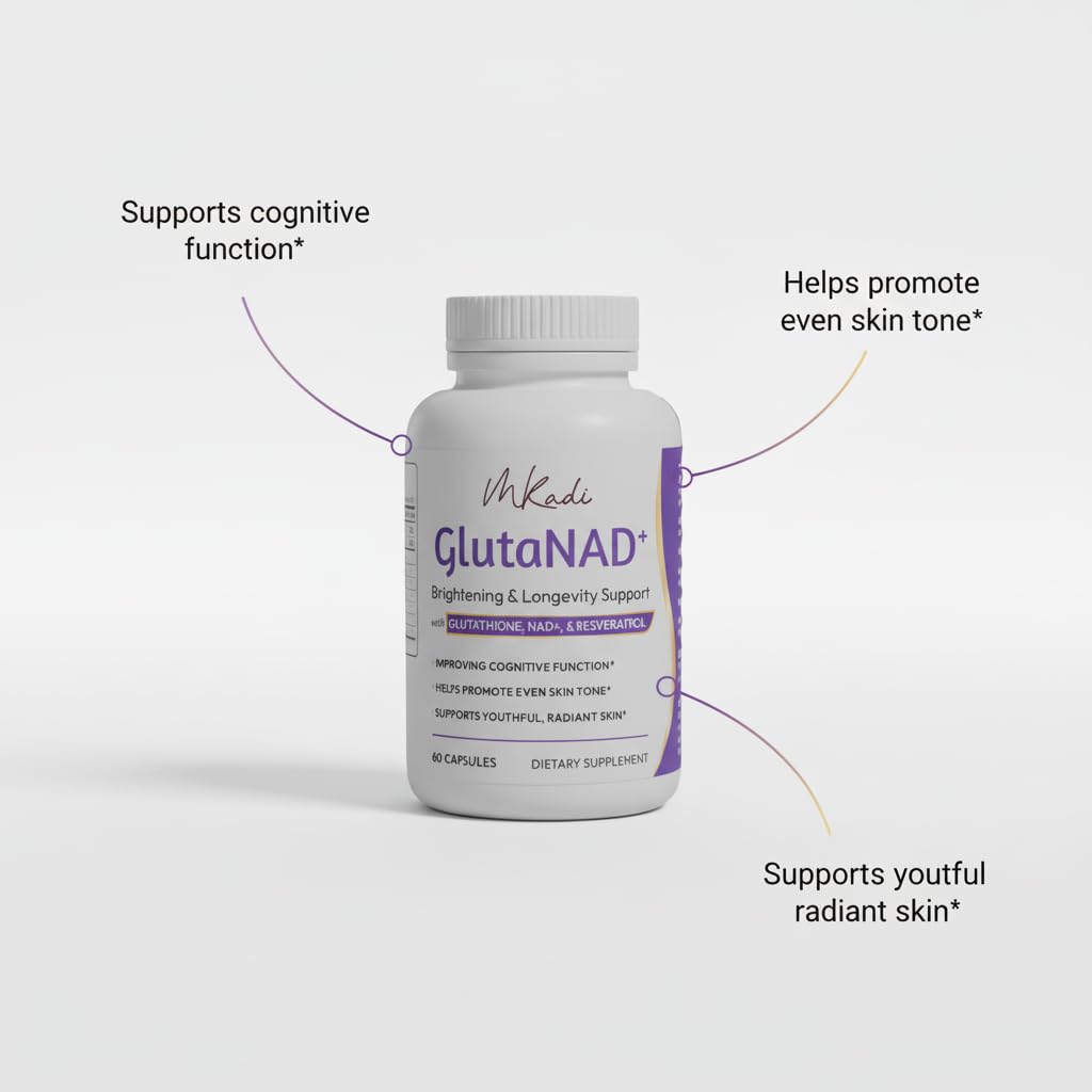 MKADI GlutaNAD+ ingredients table highlights key antioxidants for skin support.
