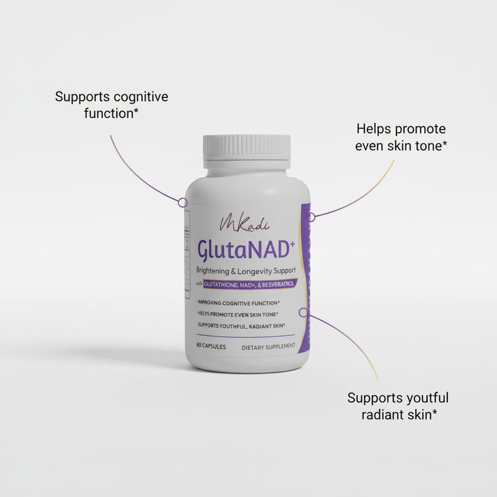 MKADI GlutaNAD+ ingredients table highlights key antioxidants for skin support.