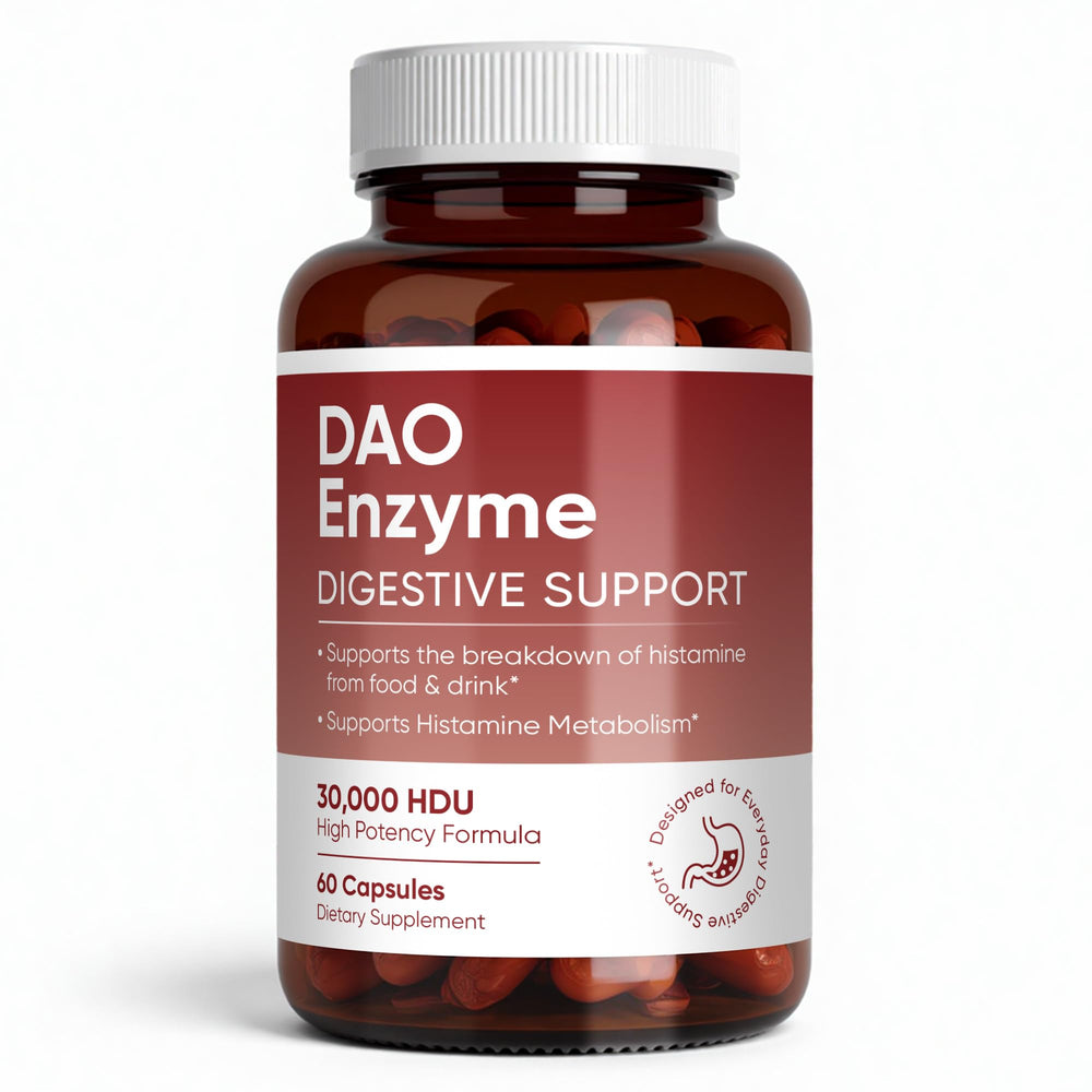 MKSUVGQ DAO enzyme supplement bottle front highlighting histamine support potential.