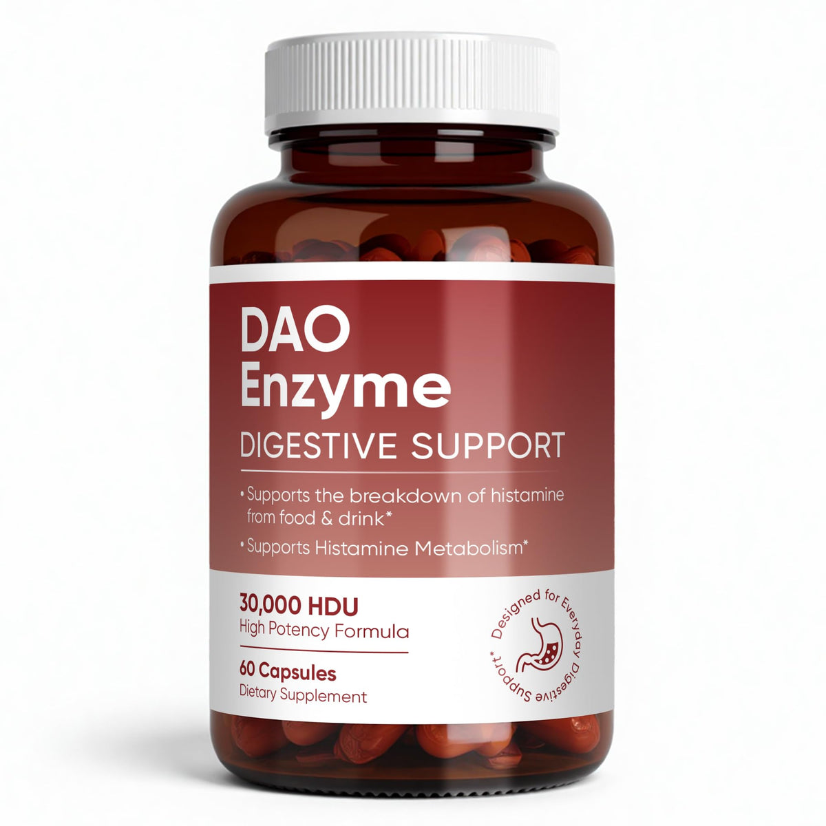 MKSUVGQ DAO enzyme supplement bottle front highlighting histamine support potential.