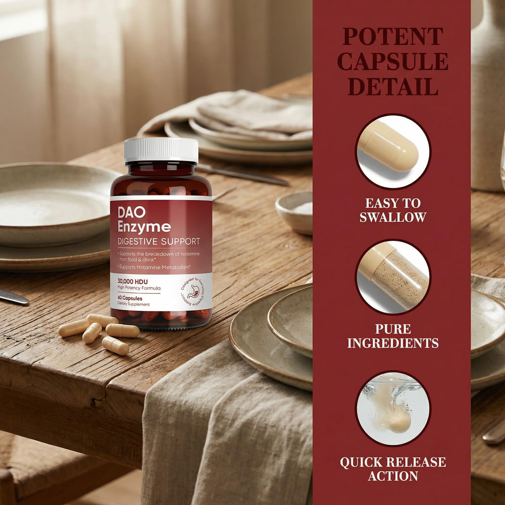 MKSUVGQ DAO enzyme capsules close-up for before-meal routine.