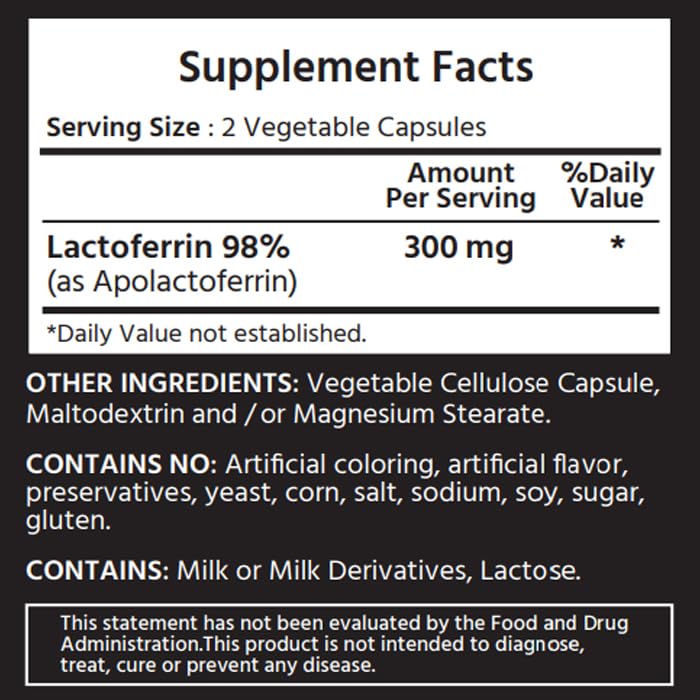 ML Naturals Lactoferrin bottle front showing 60 capsules for daily use.