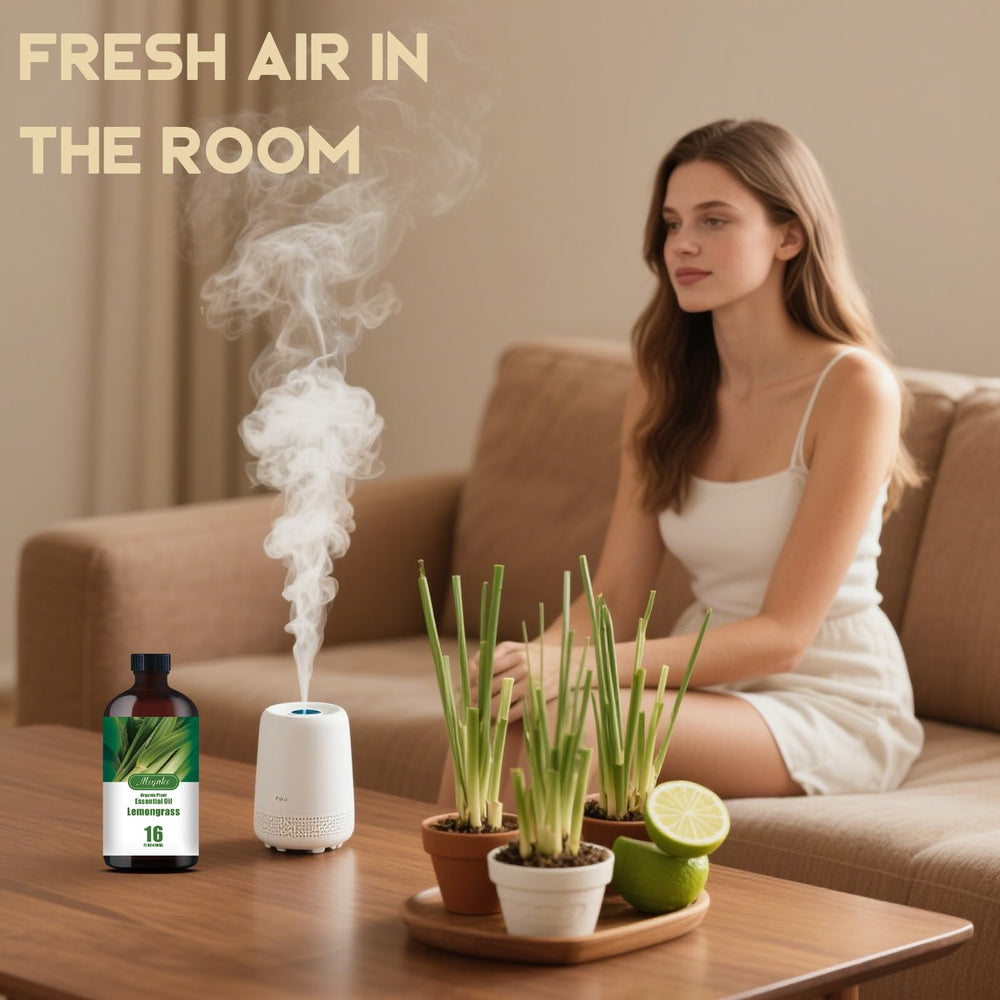MLYNKL Lemongrass essential oil diffuser setup, refreshing aroma for any room.