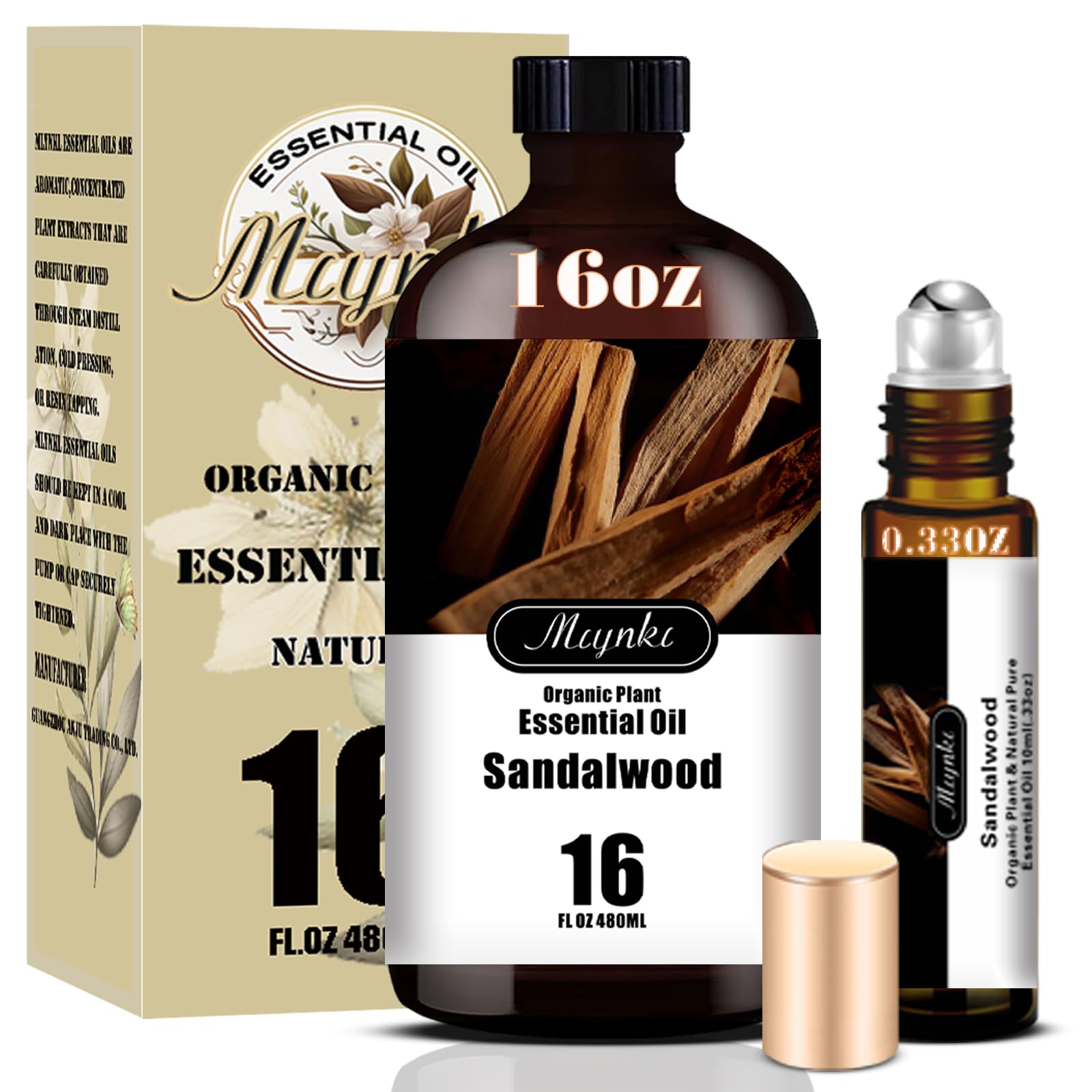 Mlynkl sandalwood essential oil bottle closeup for relaxing aroma.