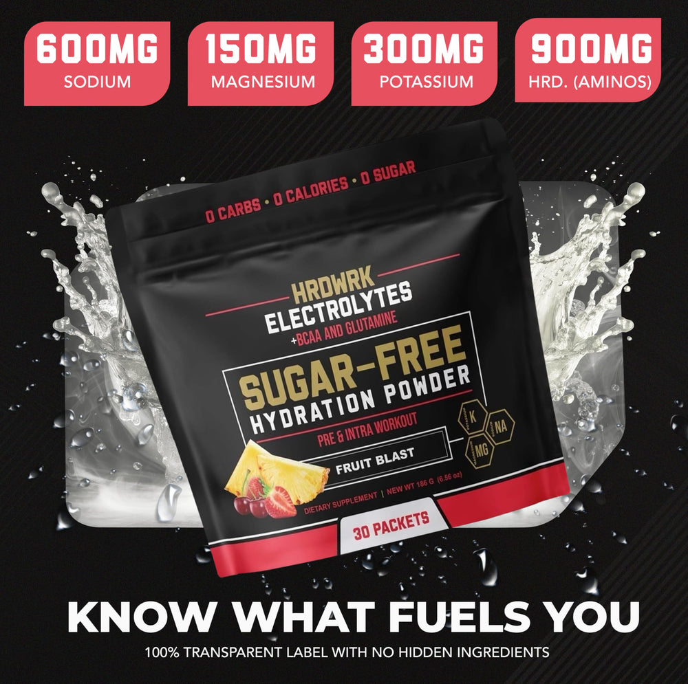 MMA Nutrition HRDWRK electrolyte packet in hand ideal for gym hydration on the go.