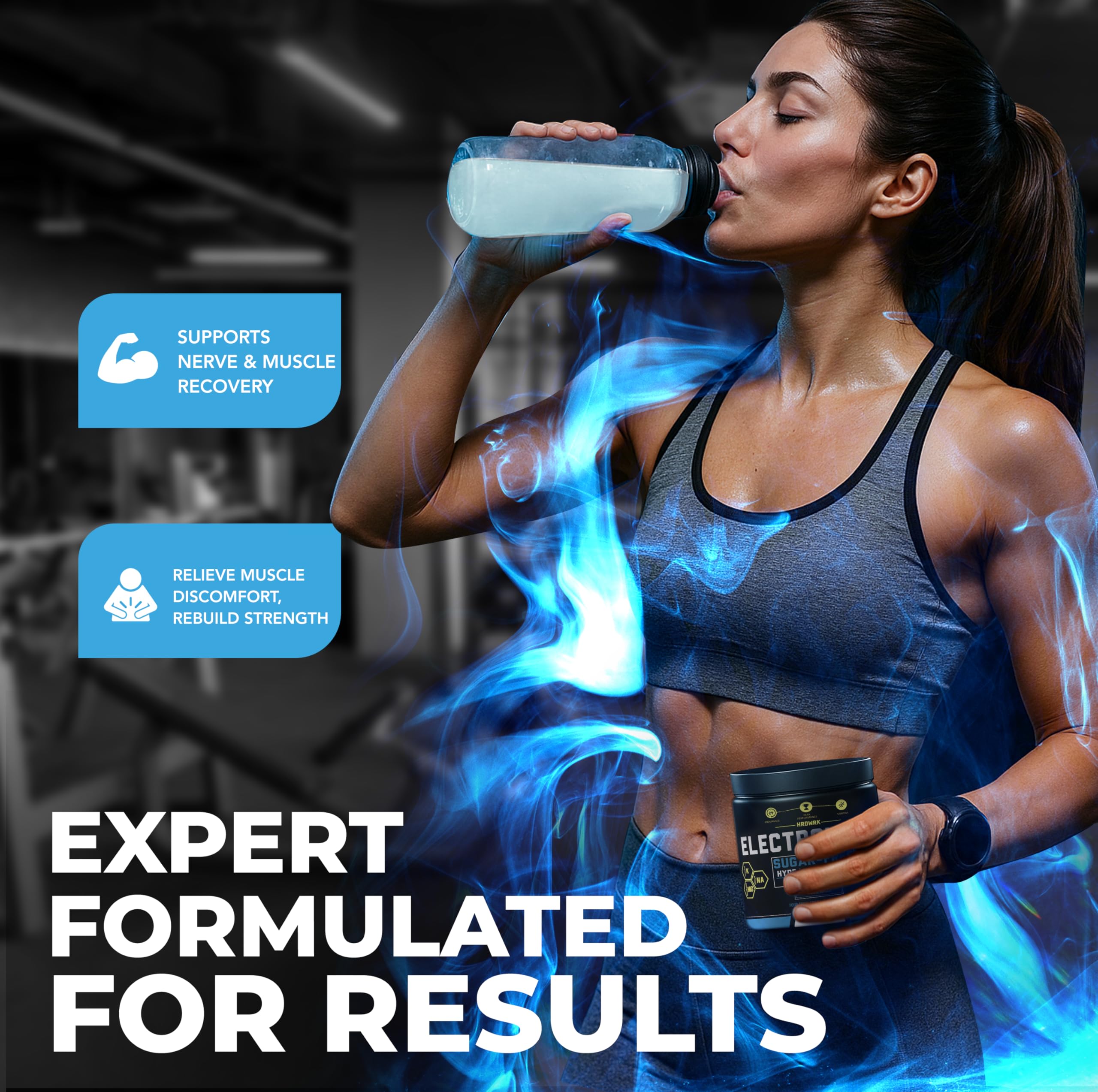MMA Nutrition HRDWRK electrolytes powder in gym scene suggesting sustained energy during training