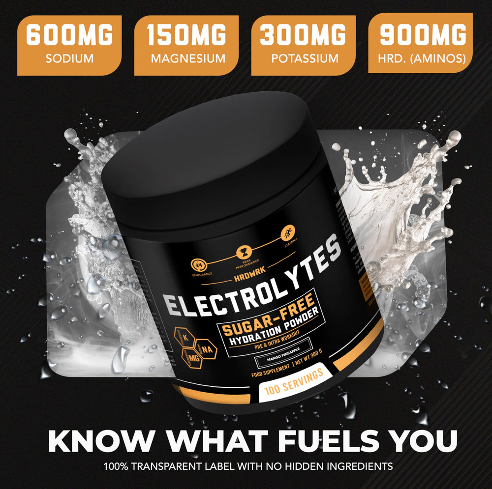 MMA Nutrition HRDWRK electrolyte powder being poured into a shaker for hydration