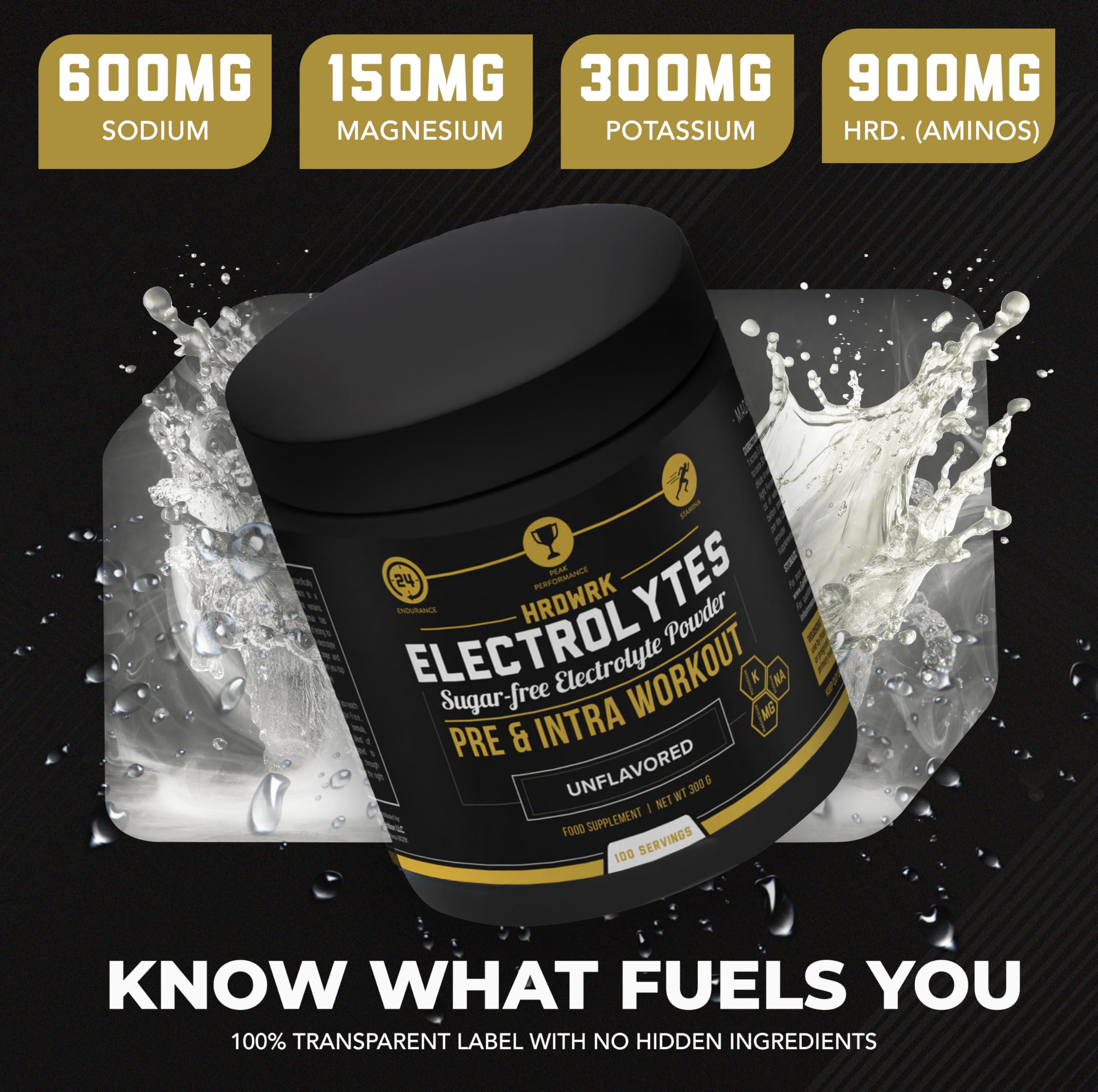 HRDWRK label close-up demonstrating electrolyte blend for steady energy.