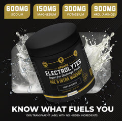 HRDWRK label close-up demonstrating electrolyte blend for steady energy.