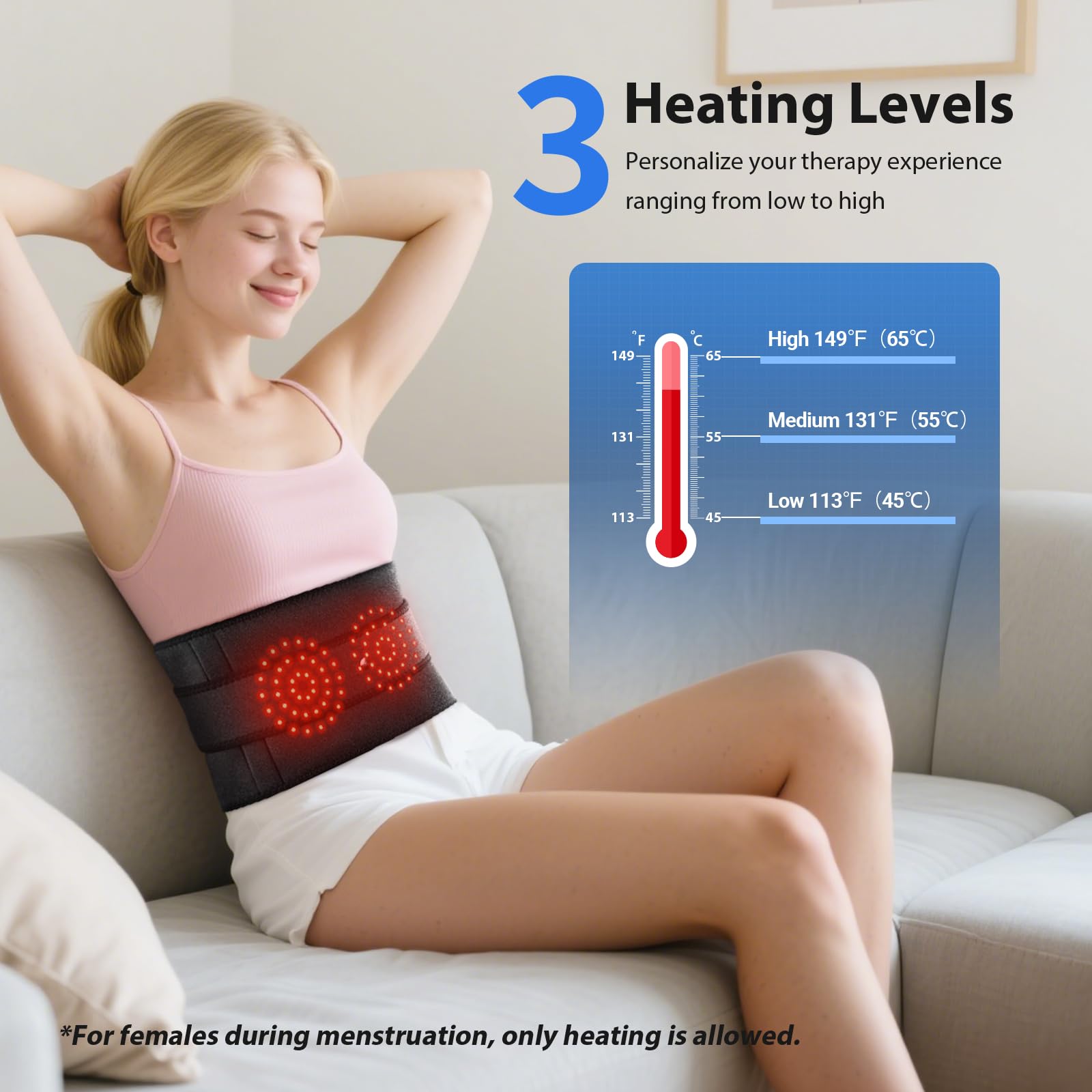 MoAcey lower back massager heat vibration modes provide customizable relaxation
