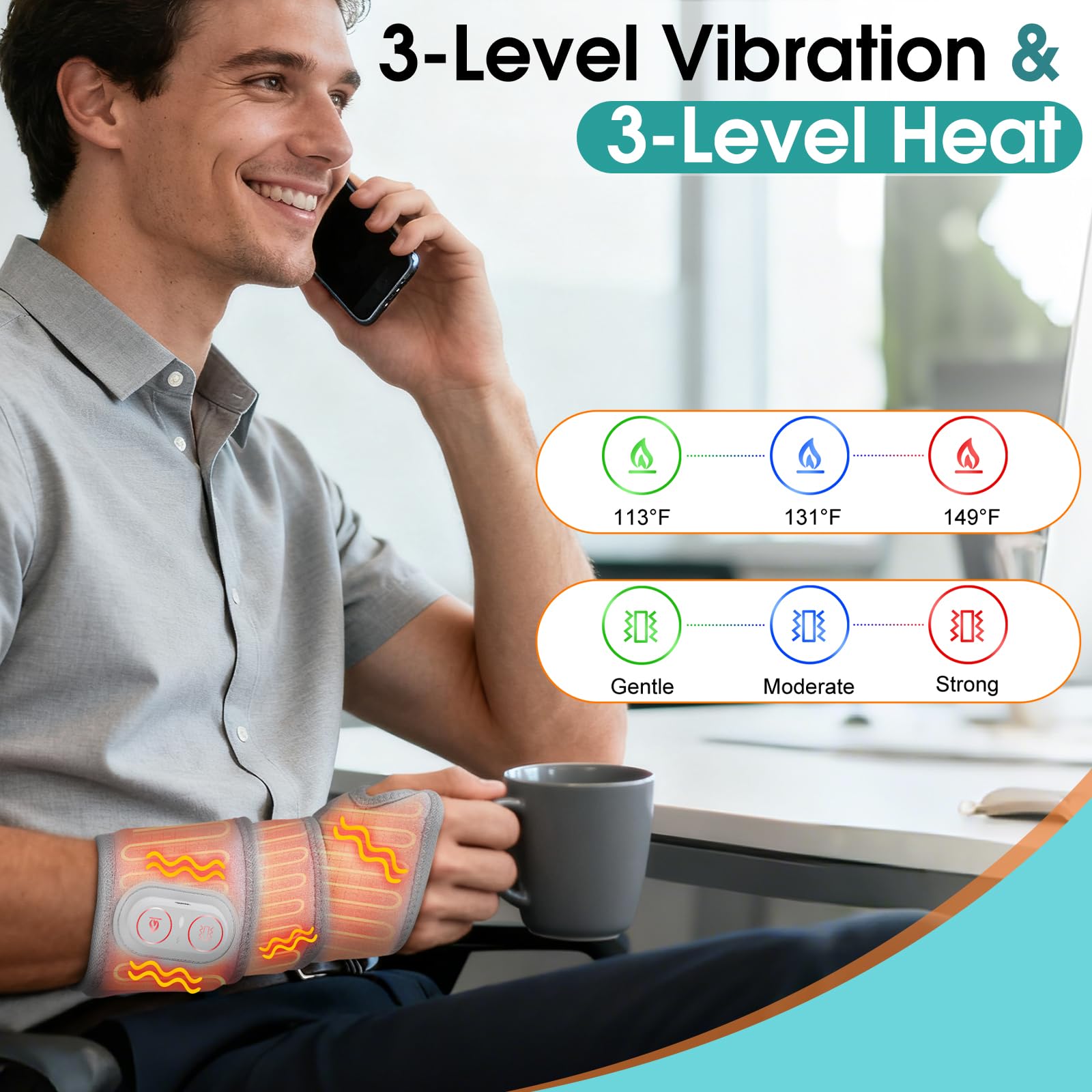 MOAJAZA arthritis relief wrist wrap with adjustable heat levels.