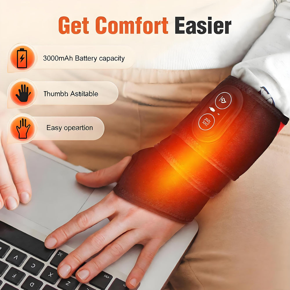 MOAJAZA cordless wrist heating pad powered by built-in battery for travel warmth.
