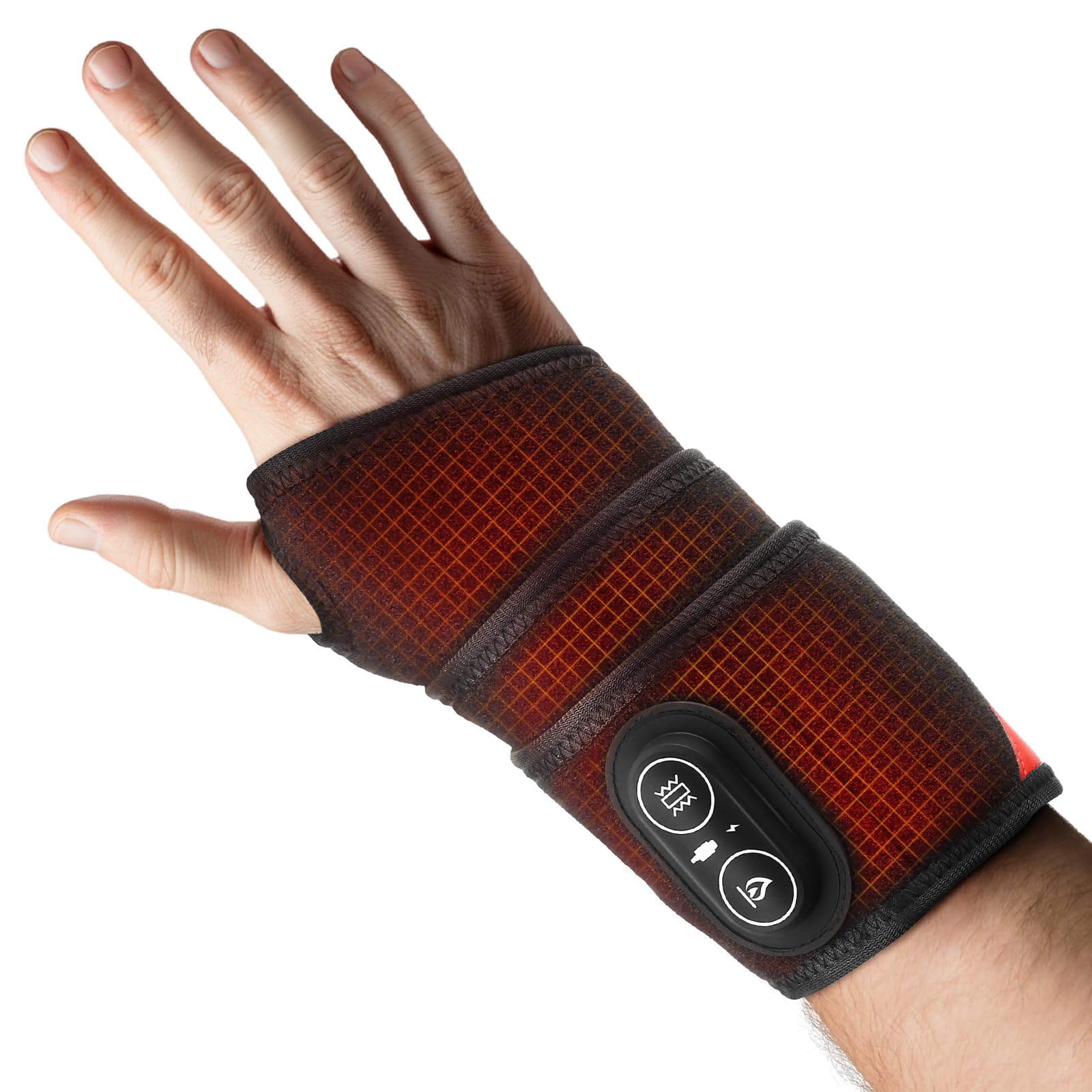 MOAJAZA cordless wrist heating pad on hand for on-the-go relief.