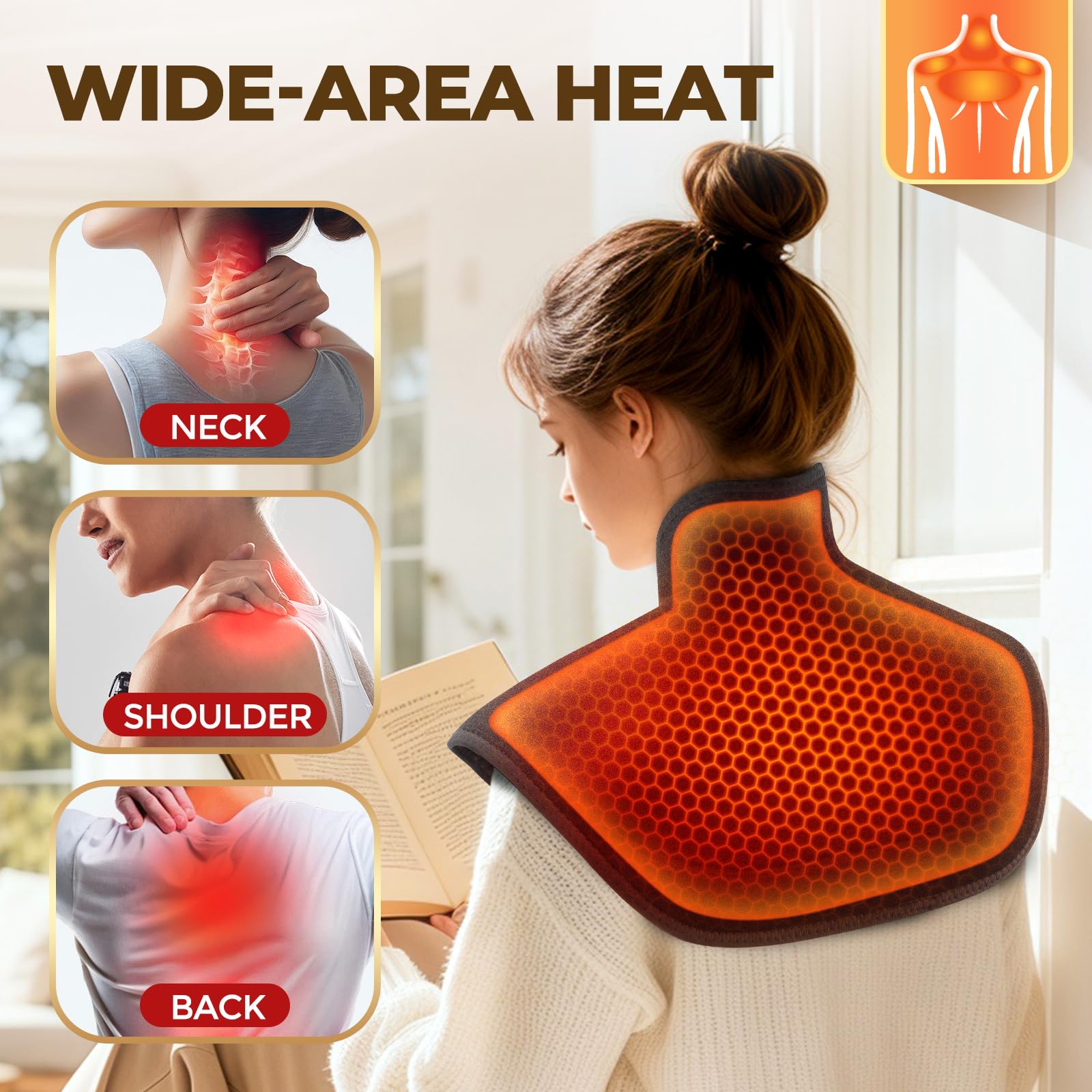 MOAJAZA heating pad showing expansive neck and shoulder coverage