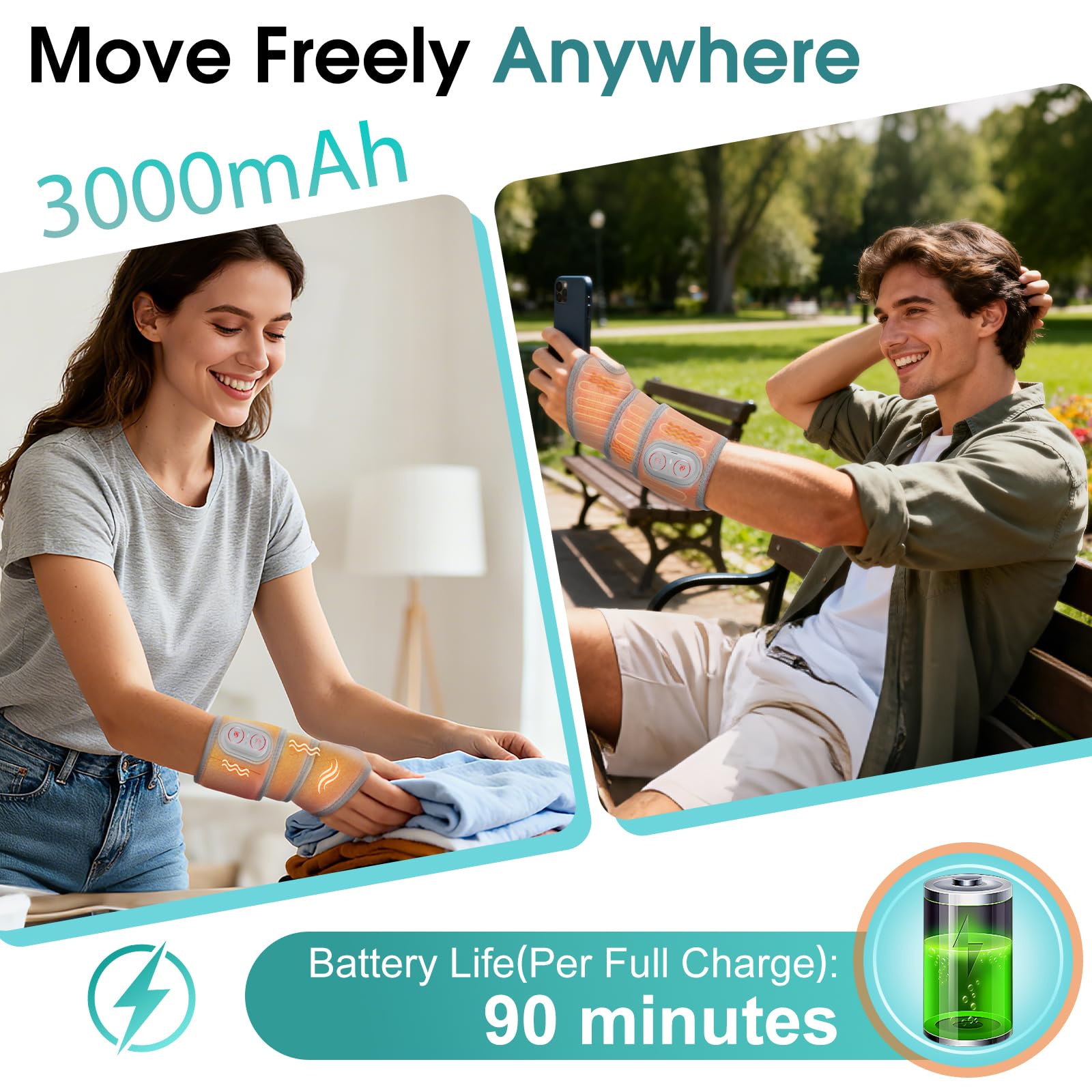 MOAJAZA rechargeable wrist brace provides portable heat during travel.