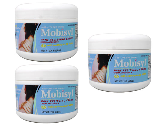 Mobisyl Pain Relieving Creme 8oz bottle for targeted relief.