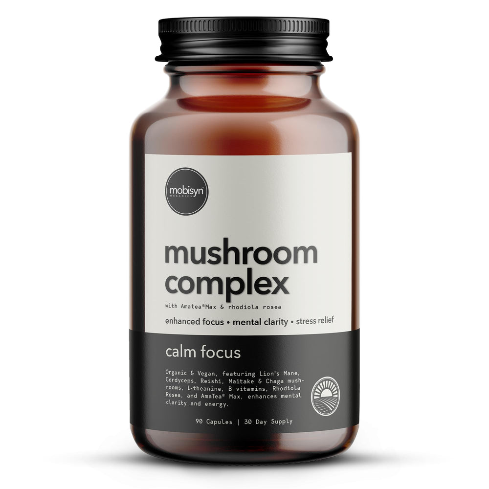 Mobisyn Organic 5 Mushroom Nootropic bottle front view signaling focus and energy