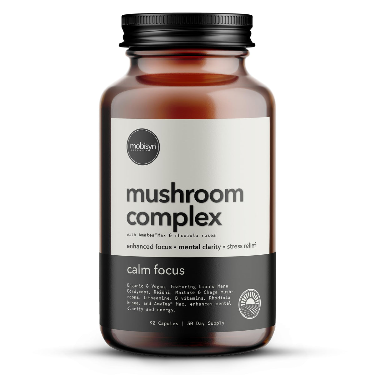 Mobisyn Organic 5 Mushroom Nootropic bottle front view signaling focus and energy