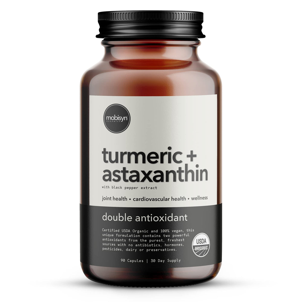 Mobisyn Organic astaxanthin-turmeric bottle for daily antioxidant support.
