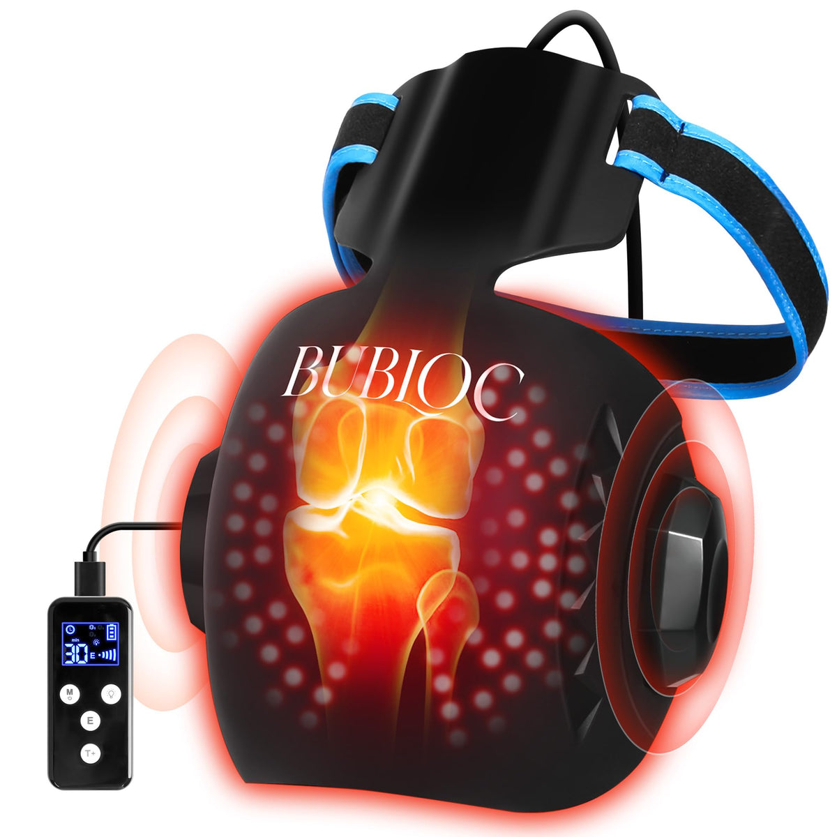 MOCKPOSE red-light dual-wavelength knee closeup highlighting deep tissue reach.