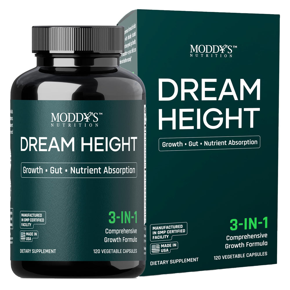 Moddy's Nutrition Dream Height bottle close-up showing easy-to-swallow capsules for kids