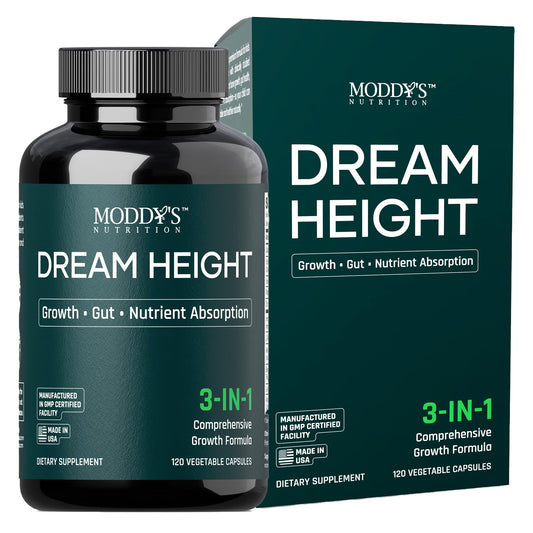 Moddy's Nutrition Dream Height bottle close-up showing easy-to-swallow capsules for kids
