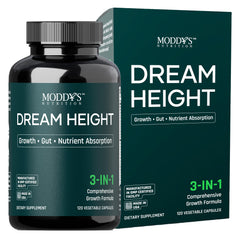 Moddy's Nutrition Dream Height bottle close-up showing easy-to-swallow capsules for kids
