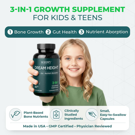 Dream Height capsules in hand illustrating daily bone health support for teens