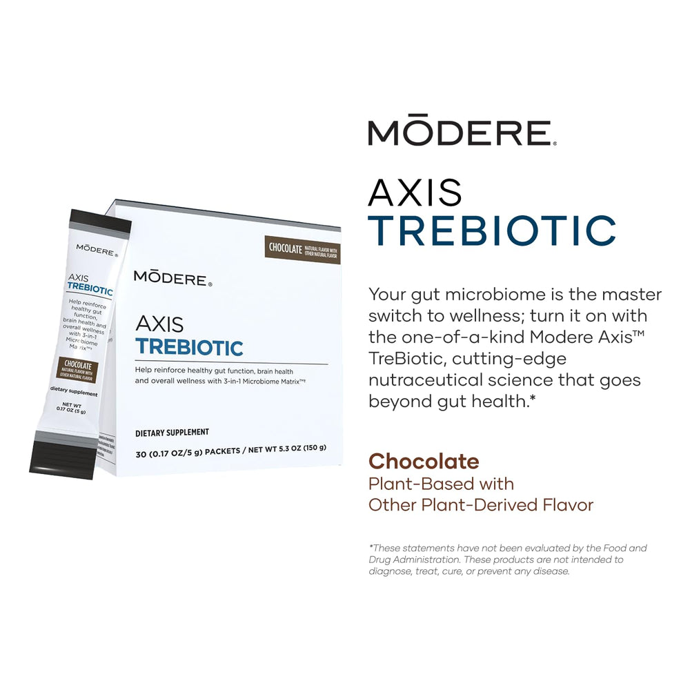 Mix Modere Axis Trebiotic chocolate powder in a glass for a flavorful beverage.