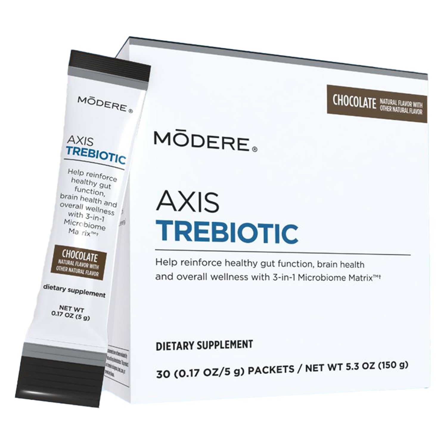 Modere Axis Trebiotic chocolate powder in a single-serve packet for easy daily use.