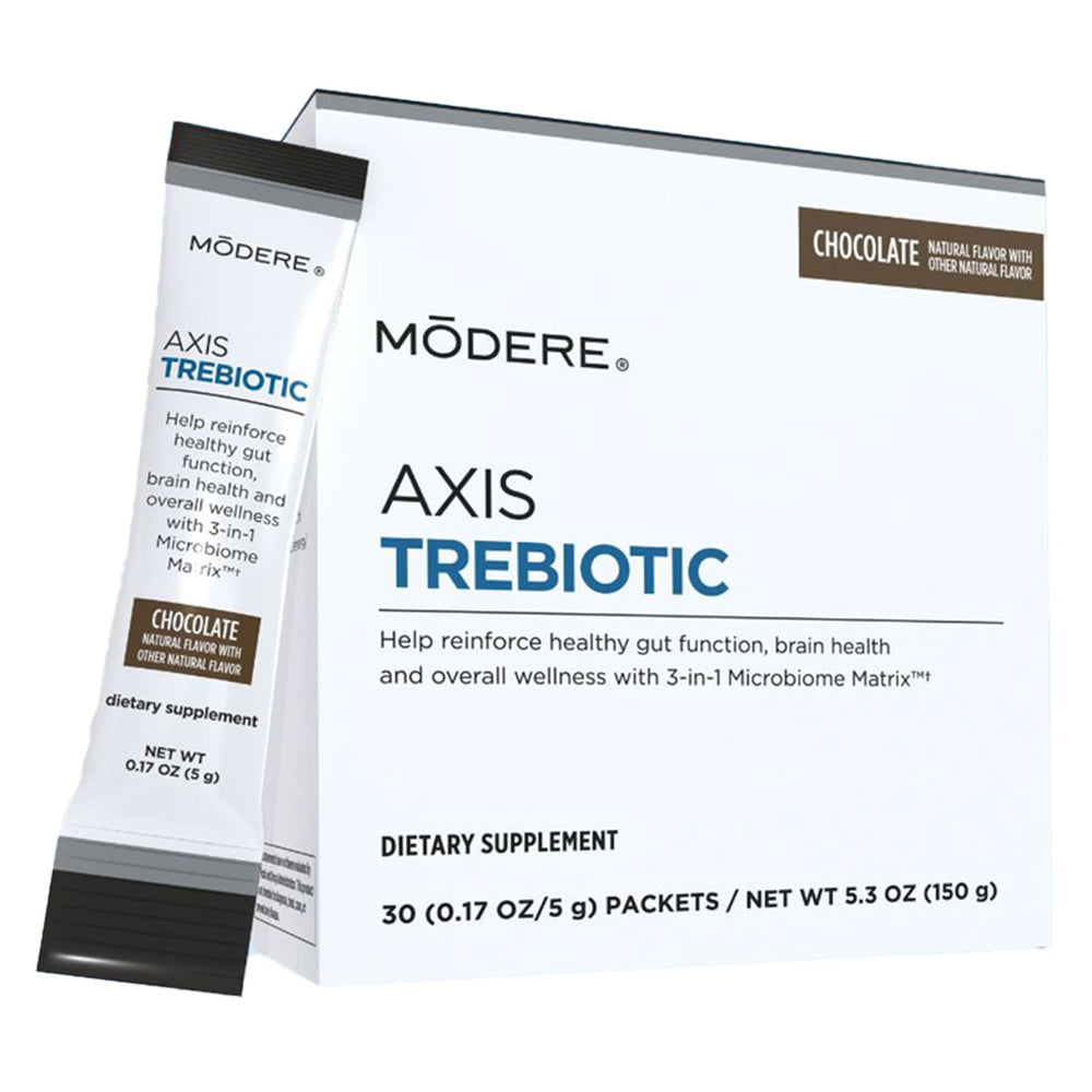 Modere Axis Trebiotic chocolate powder in a single-serve packet for easy daily use.