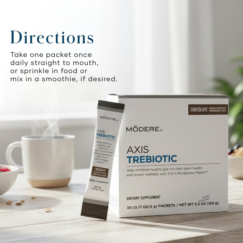 Travel-ready Modere Axis Trebiotic chocolate powder in a compact pack.