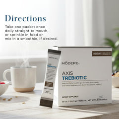 Travel-ready Modere Axis Trebiotic chocolate powder in a compact pack.