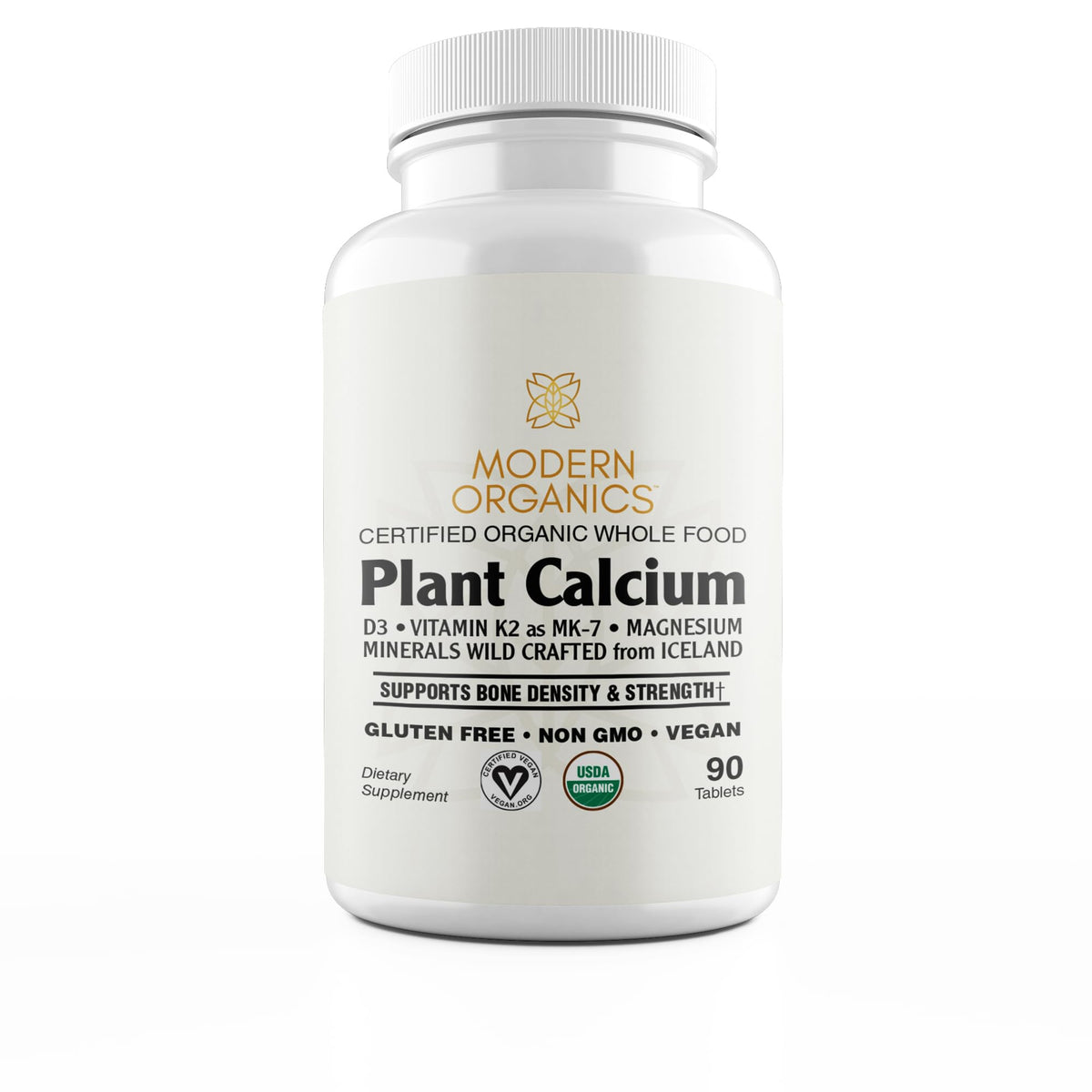 Modern Organics Plant Calcium bottle close-up showing 1000mg algae calcium for daily use