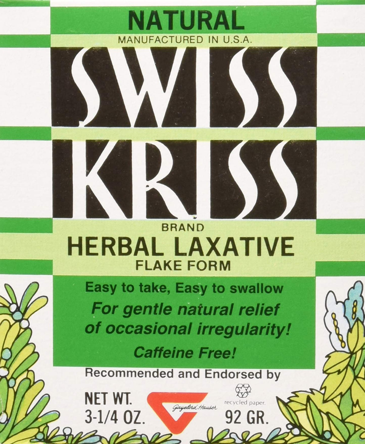 Modern Products Swiss Kriss laxative flakes in a bottle for gentle digestion support