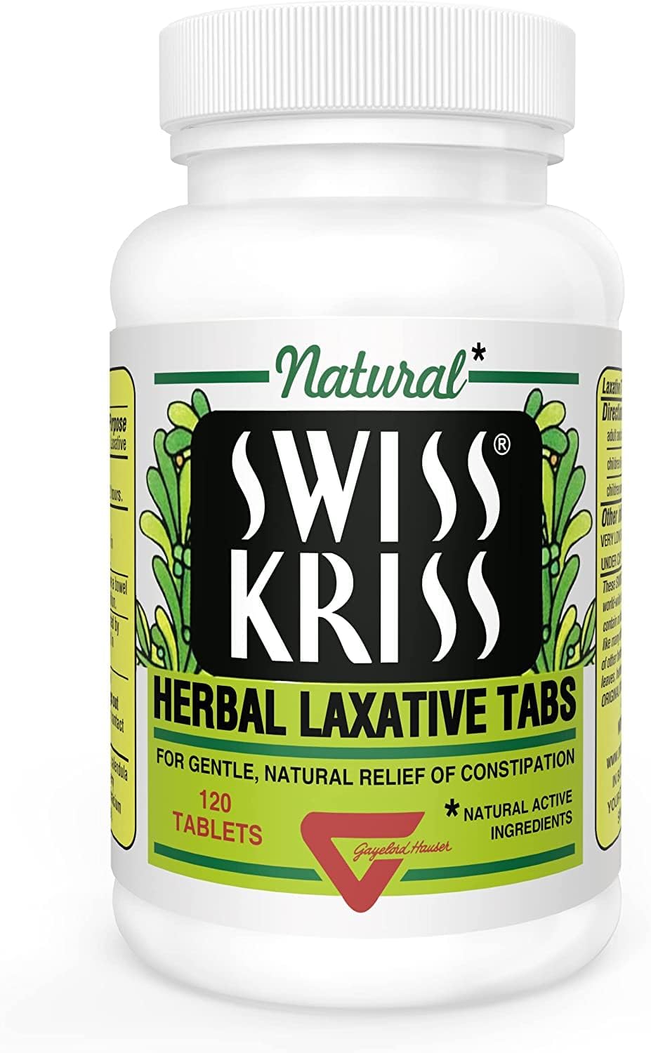 Modern Products Swiss Kriss tablets in bottle showing natural herbal blend for gentle support.