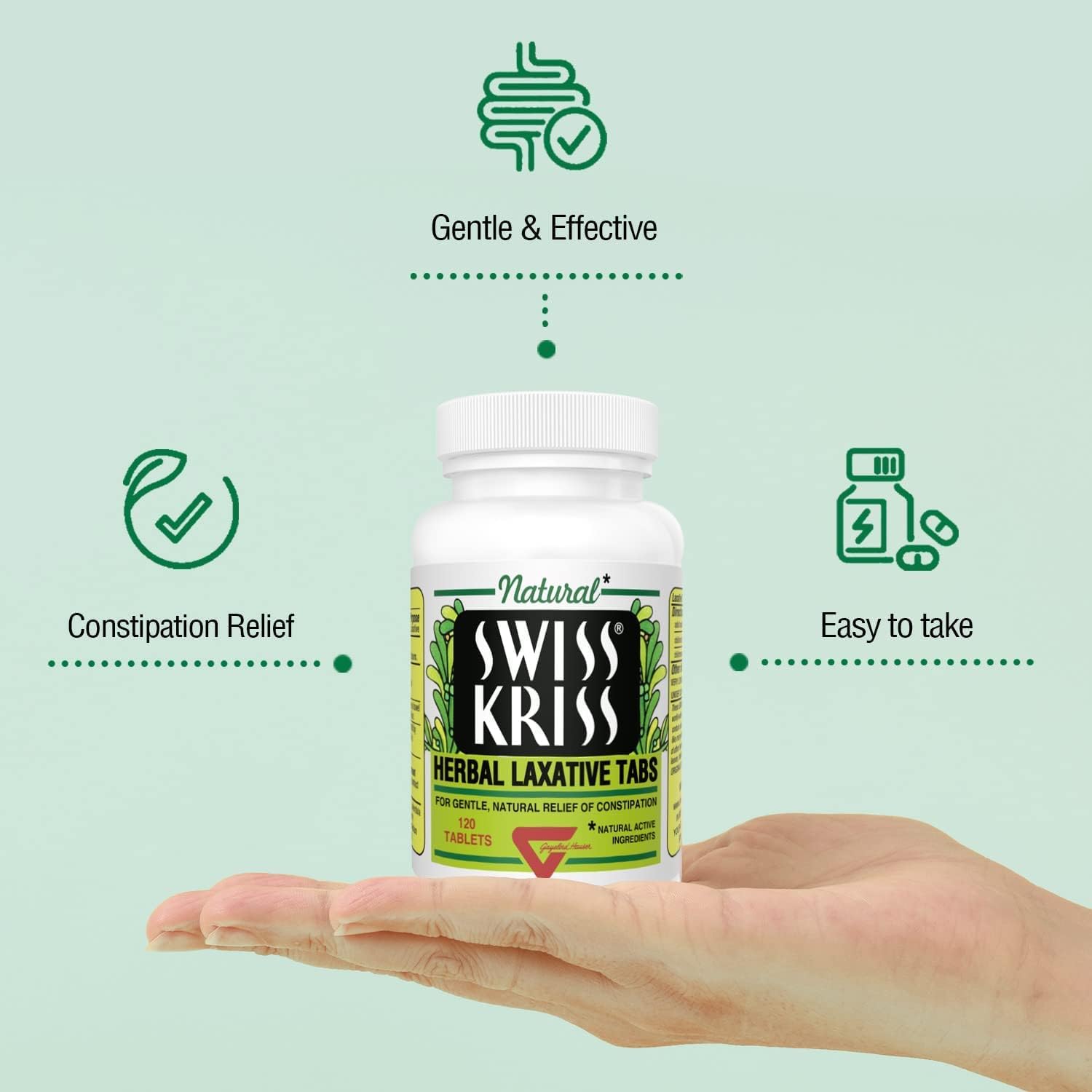 Swiss Kriss natural ingredients banner highlights sun-dried leaves and flowers for a gentle effect.