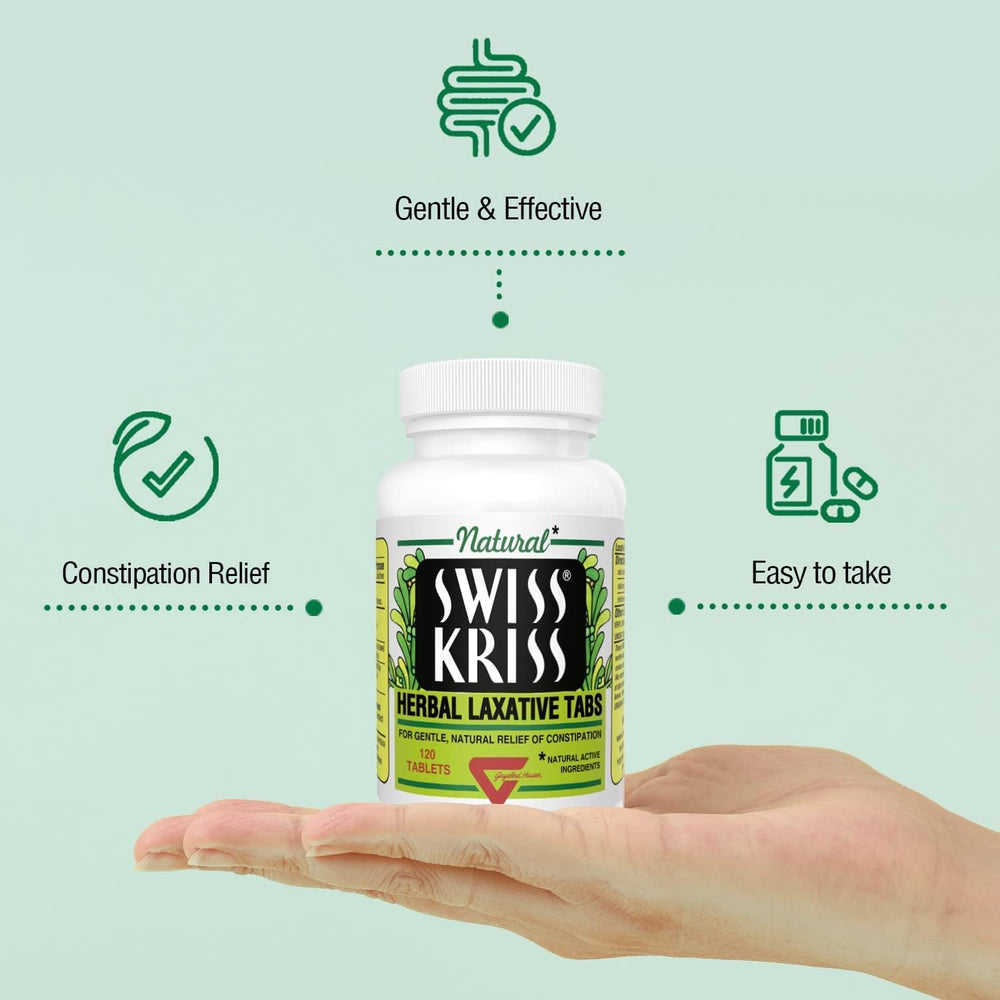 Swiss Kriss natural ingredients banner highlights sun-dried leaves and flowers for a gentle effect.