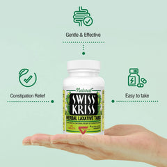 Swiss Kriss natural ingredients banner highlights sun-dried leaves and flowers for a gentle effect.