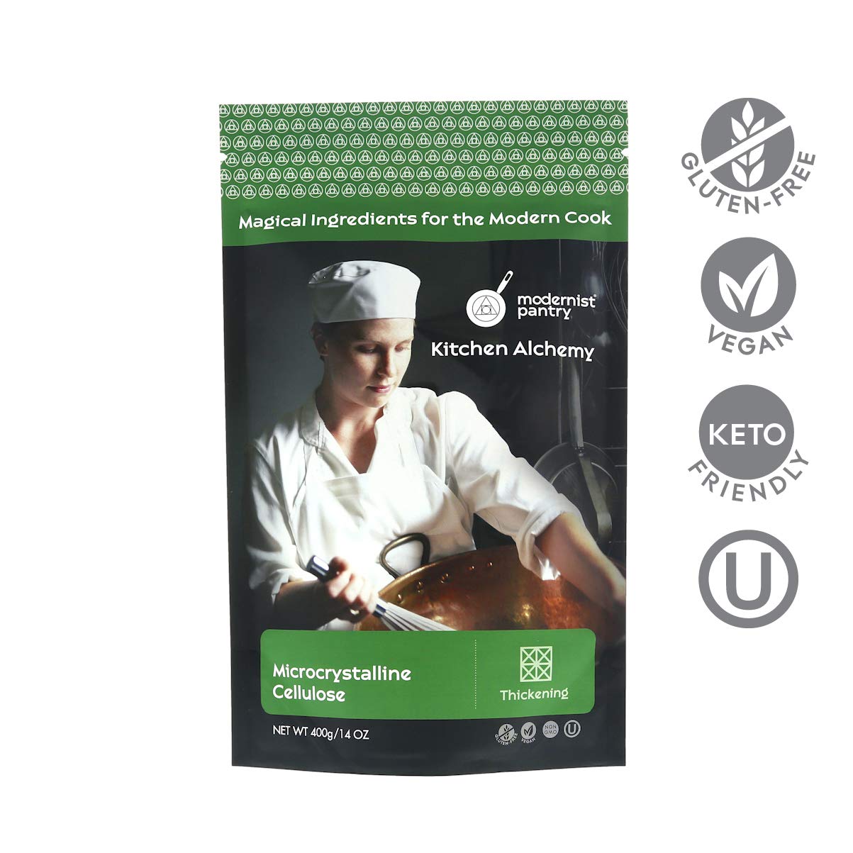 Modernist Pantry Pure MCC powder with scoop emphasizes easy measuring and consistent bulking